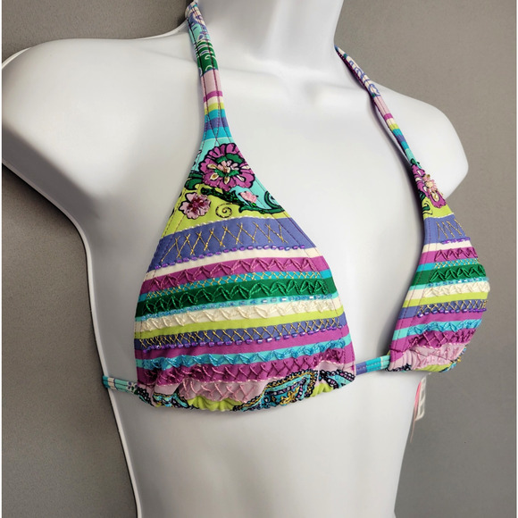 Cia Maritima Bikini Top Womens Medium Embroidered Beaded Floral Stripe Swimwear - Picture 5 of 16